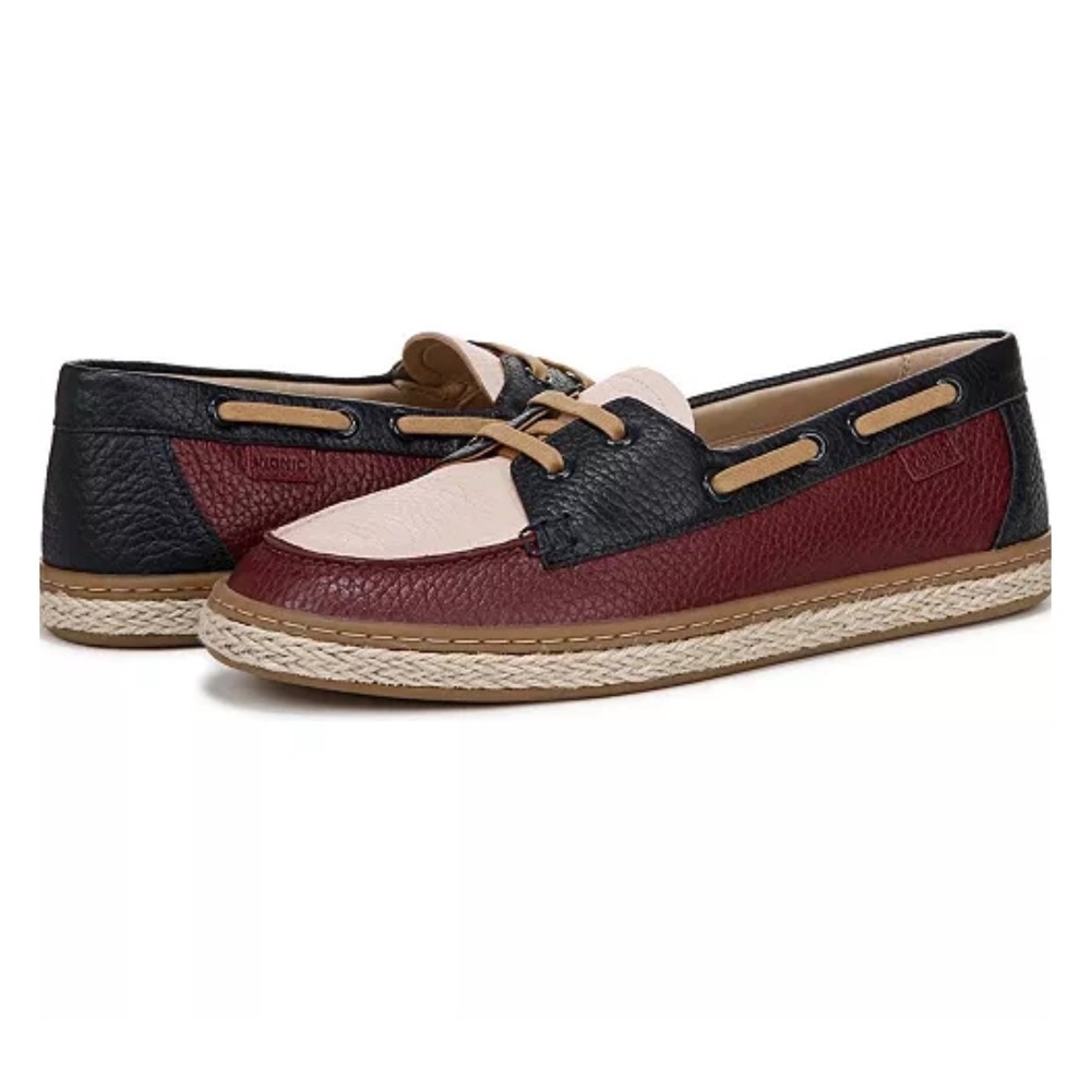 Vionic Bay Boat Shoes Womens 9.5 Navy Burgundy Leather Colorblock Loafers